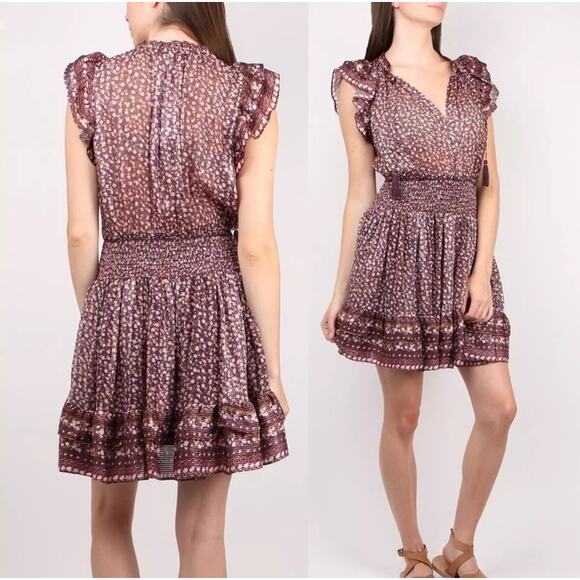 Ulla Johnson Nyssa Silk Floral Mini Dress Size 4 Cocoa Burgundy Ruffle Boho Chic - Picture 1 of 10